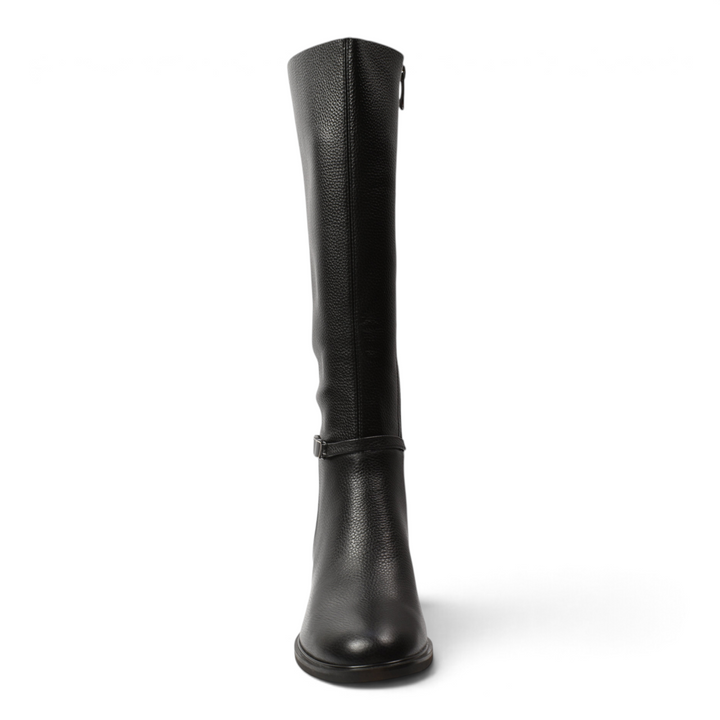 ada-shoes.ro black leather knee-high boots with a textured finish, ankle strap detail, and stable block heel.