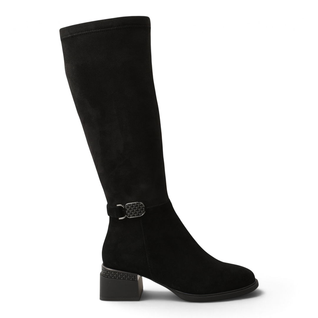 ada-shoes.ro FEELING black suede knee-high boots with stretch fabric, decorative ankle buckle, and textured block heel.