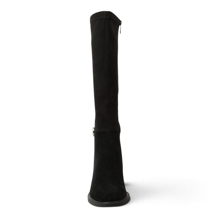 ada-shoes.ro black suede knee-high boots with stretch fabric, decorative ankle buckle, and textured mid-heel