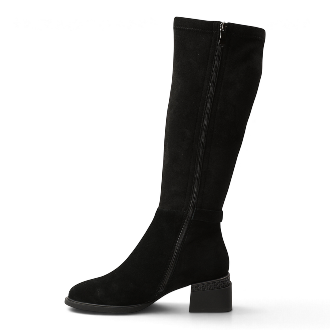 ada-shoes.ro black suede knee-high boots with stretch fabric, side zipper, and a textured block heel.