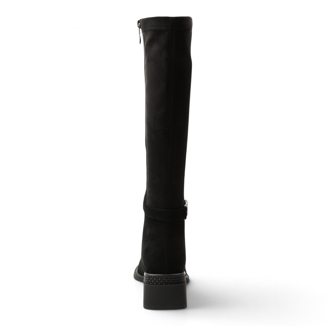 ada-shoes.ro black suede knee-high boots with stretch fabric back, decorative ankle buckle, and textured block heel.