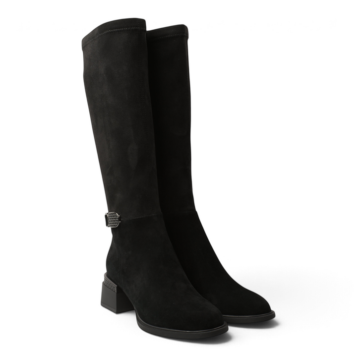 ada-shoes.ro FEELING black suede knee-high boots with stretch fabric, decorative buckle, and textured block heel.