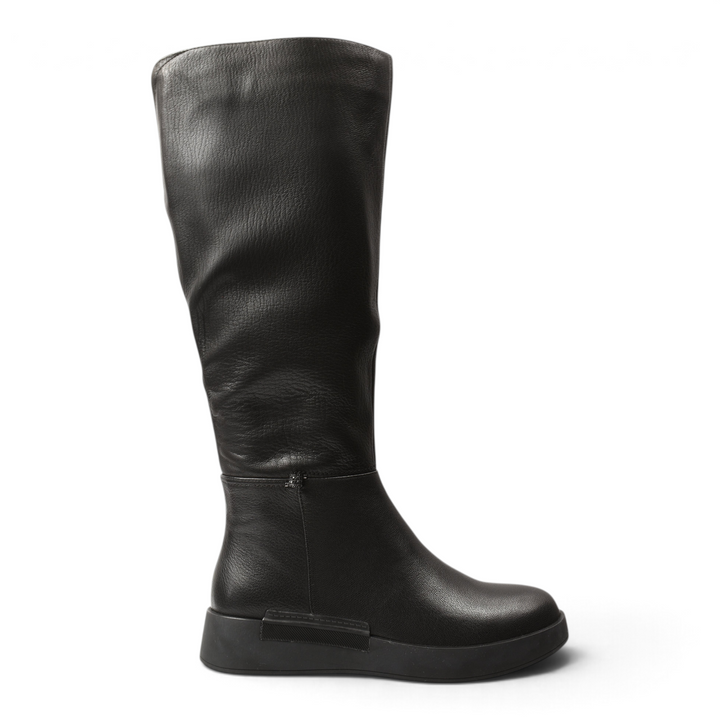 ada-shoes.ro black leather knee-high boots with a minimalist design, rounded toe, and comfortable flat platform sole.