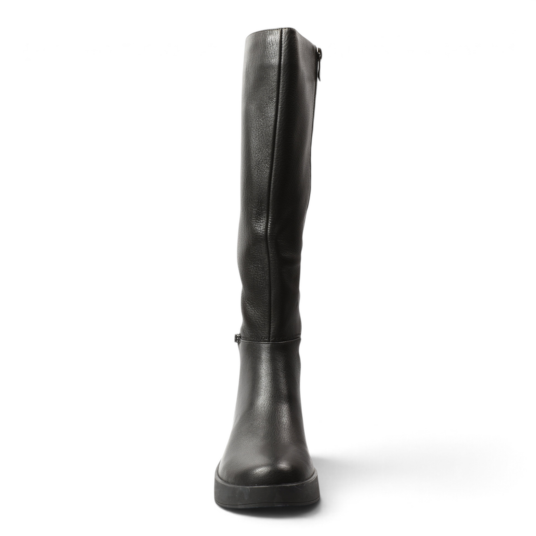 ada-shoes.ro Feeling black leather knee-high boots with a minimalist design, rounded toe, and comfortable flat sole.