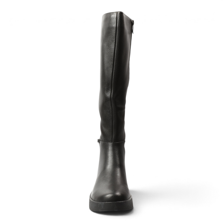ada-shoes.ro Feeling black leather knee-high boots with a minimalist design, rounded toe, and comfortable flat sole.