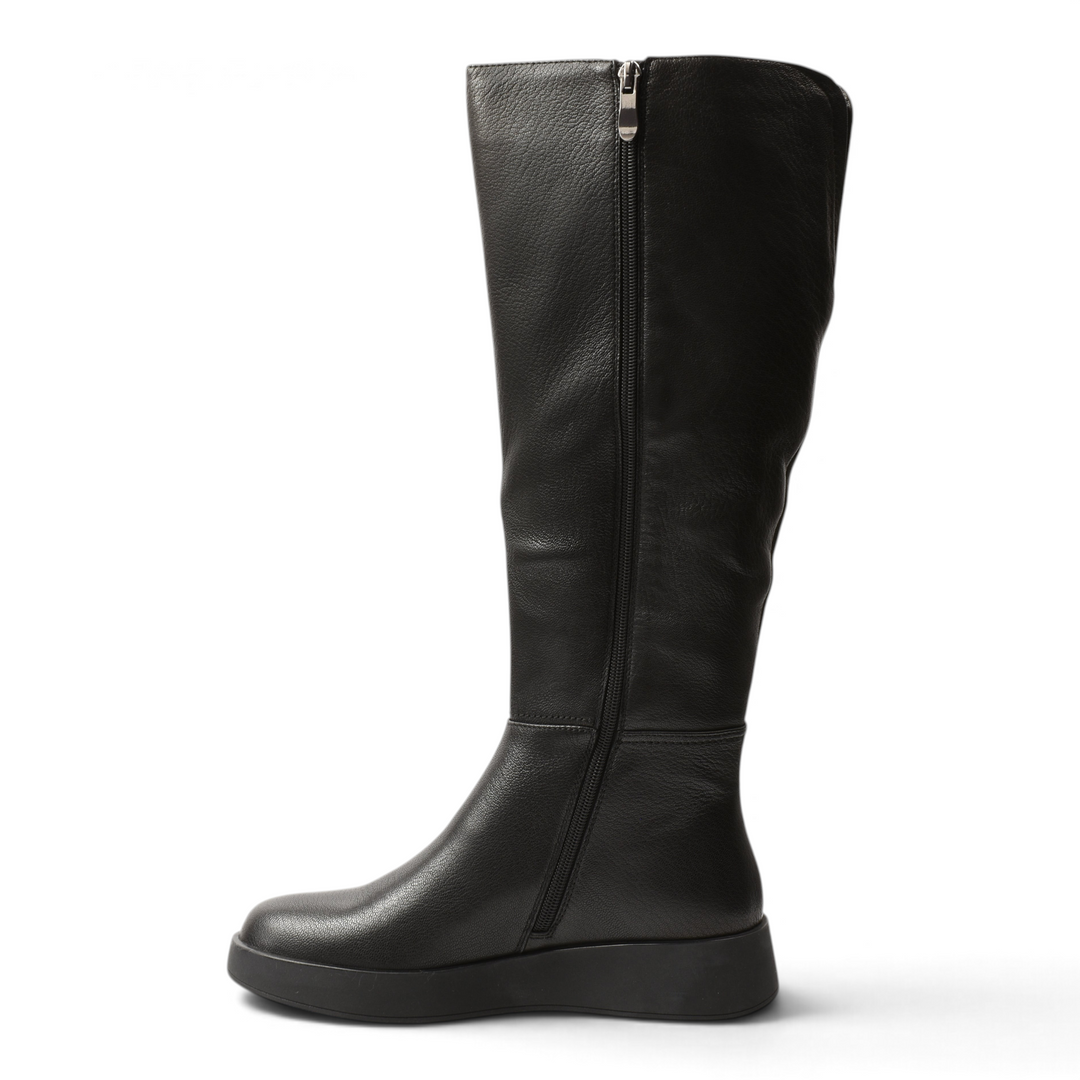 ada-shoes.ro black leather knee-high boots with a minimalist design, side zipper, and comfortable platform sole.