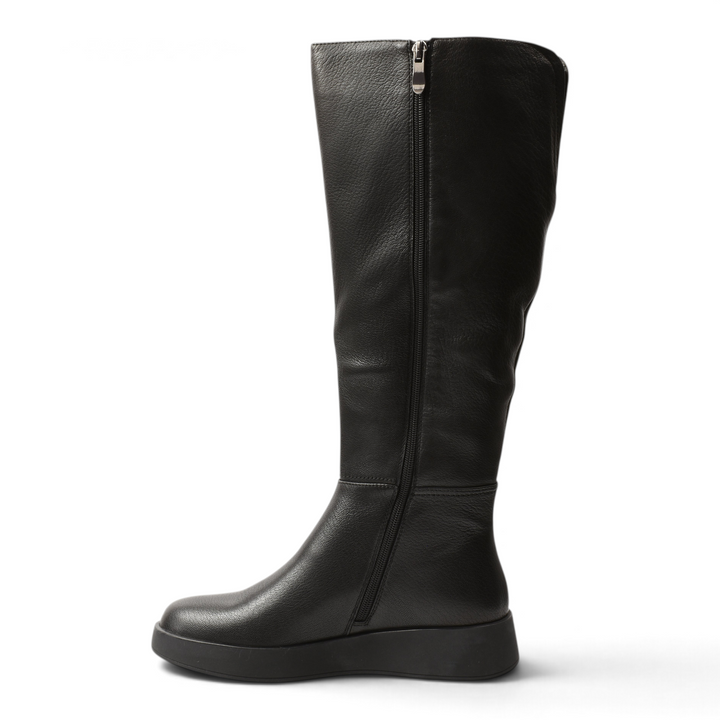 ada-shoes.ro black leather knee-high boots with a minimalist design, side zipper, and comfortable platform sole.