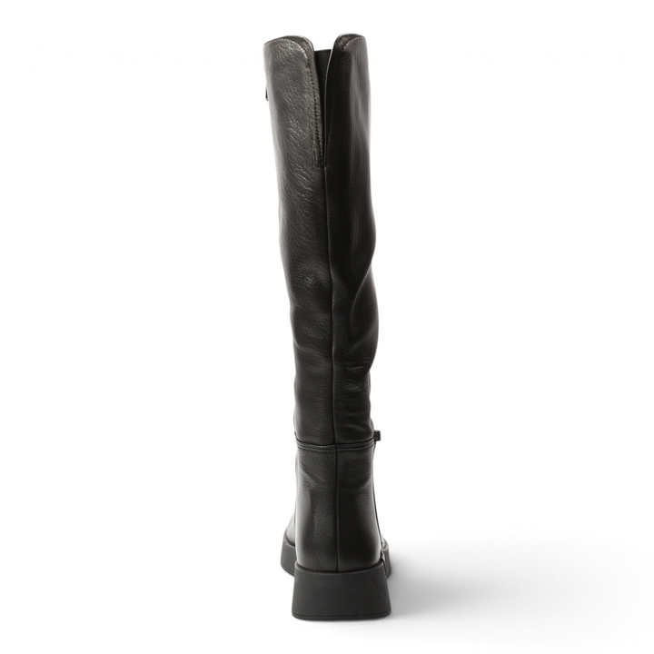 ada-shoes.ro Feeling black leather knee-high boots with a minimalist design and flat platform sole, back view.