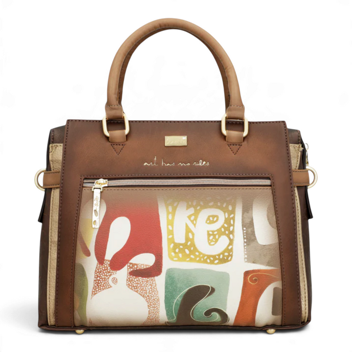 ada-shoes.ro Anekke handbag in brown faux leather with artistic graphic print, gold hardware, and dual carry handles.