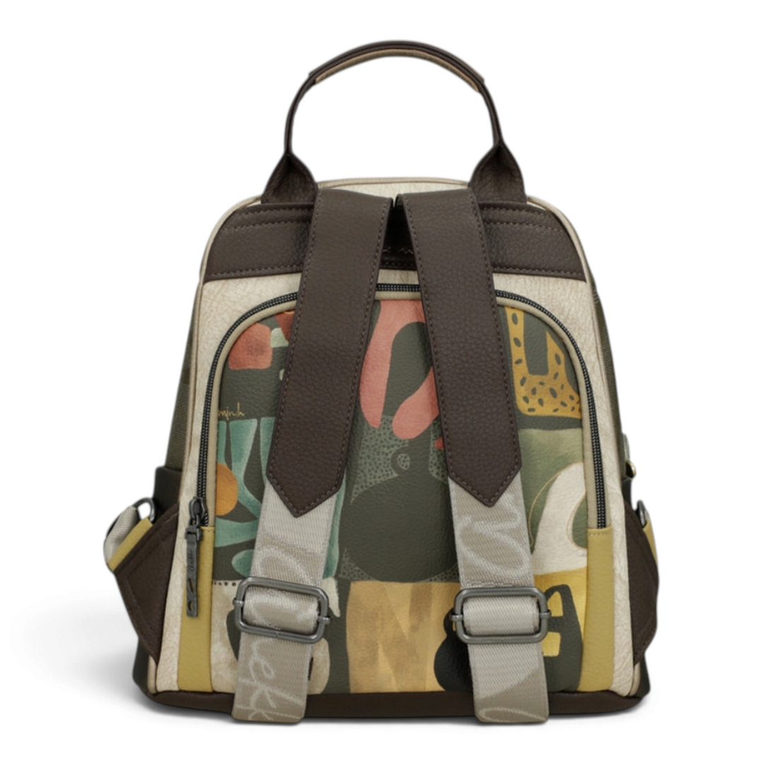 ada-shoes.ro Anekke backpack featuring olive green, brown, and cream tones with adjustable straps and back pocket.