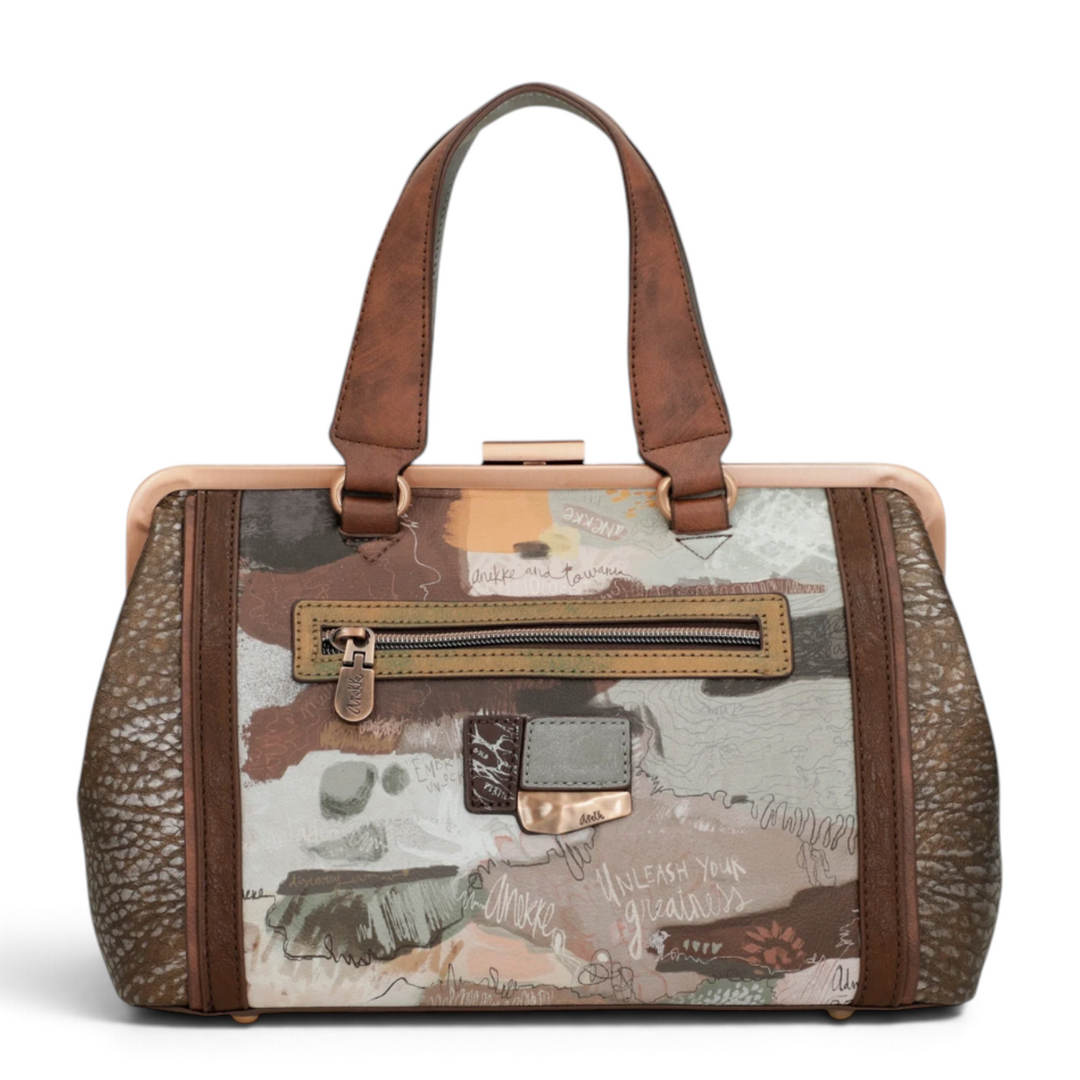 ada-shoes.ro Anekke vintage style brown faux leather handbag with kiss lock closure and artistic printed design