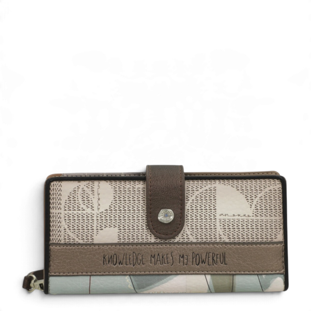 ada-shoes.ro Anekke casual wallet in beige and brown faux leather with a magnetic strap and artistic print