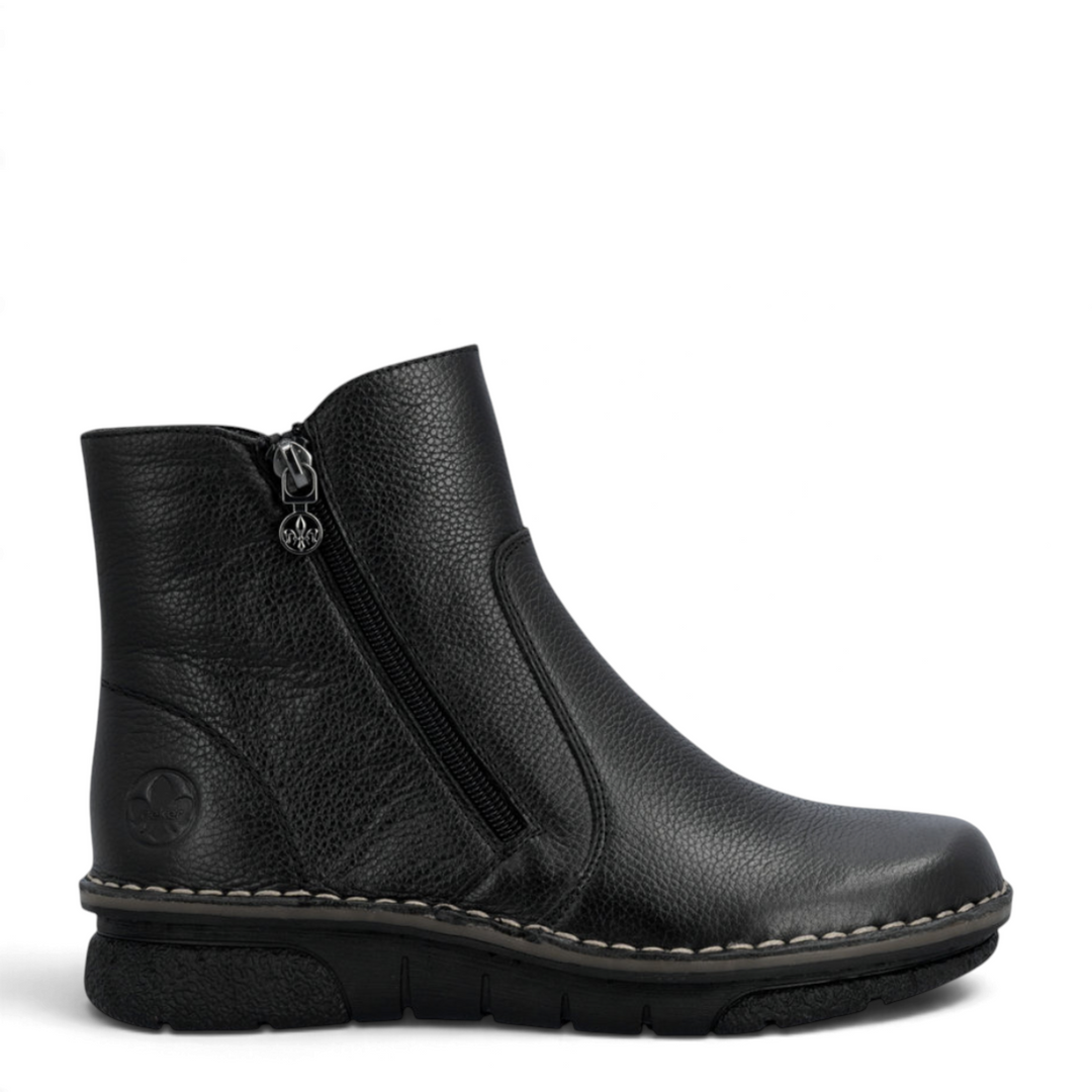 ada-shoes.ro Rieker black casual ankle boots with side zipper, textured synthetic leather, and Antistress sole.