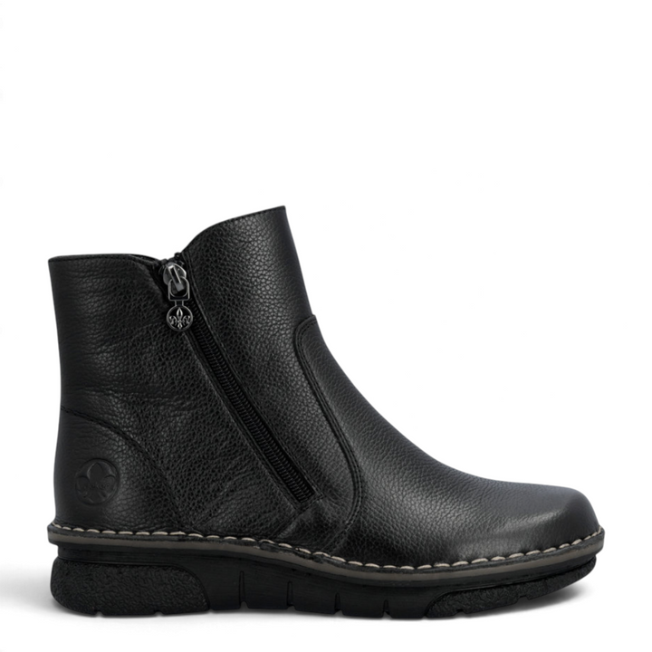 ada-shoes.ro Rieker black casual ankle boots with side zipper, textured synthetic leather, and Antistress sole.