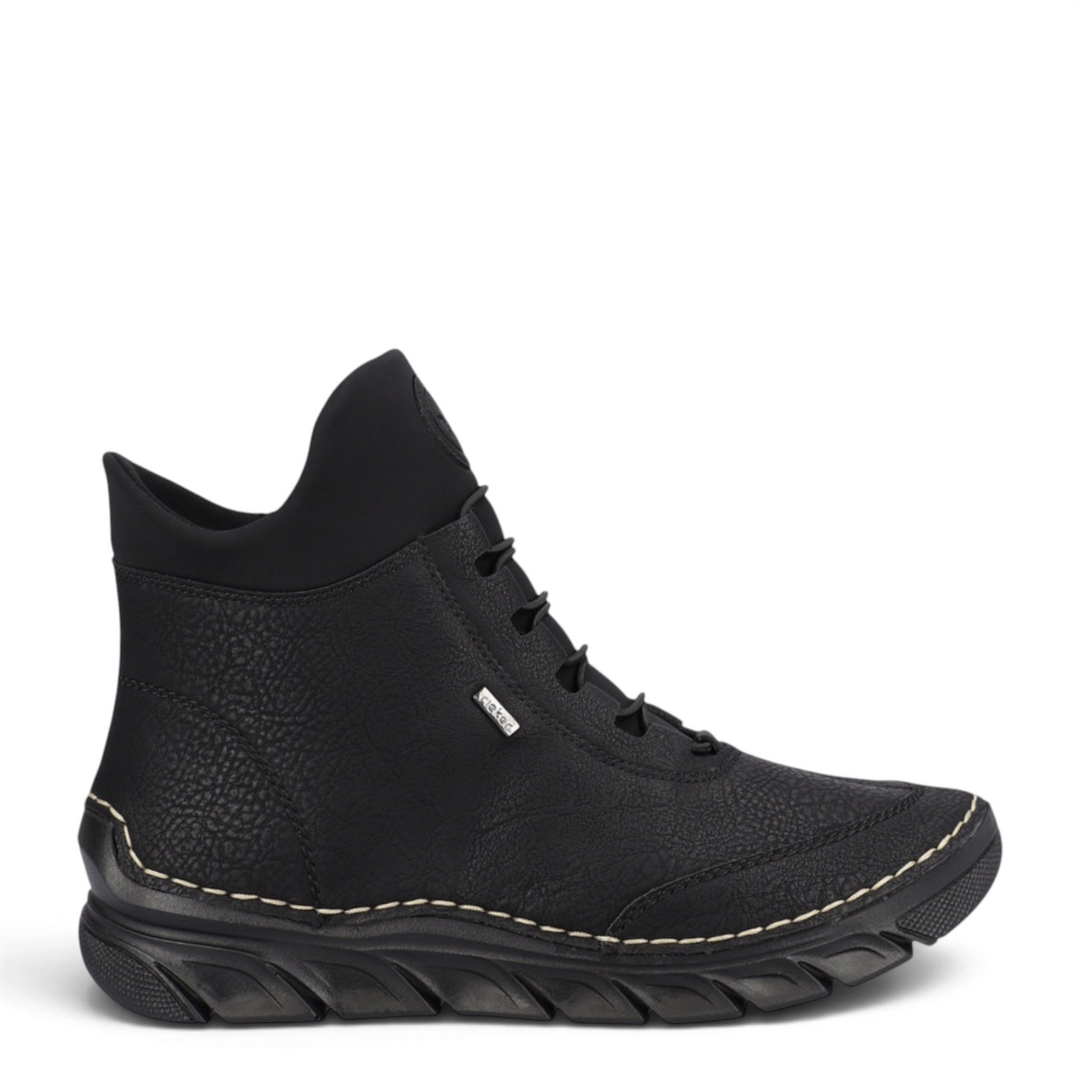 ada-shoes.ro Rieker Antistress black ankle boots with textured synthetic leather, elastic collar, and thick sole.
