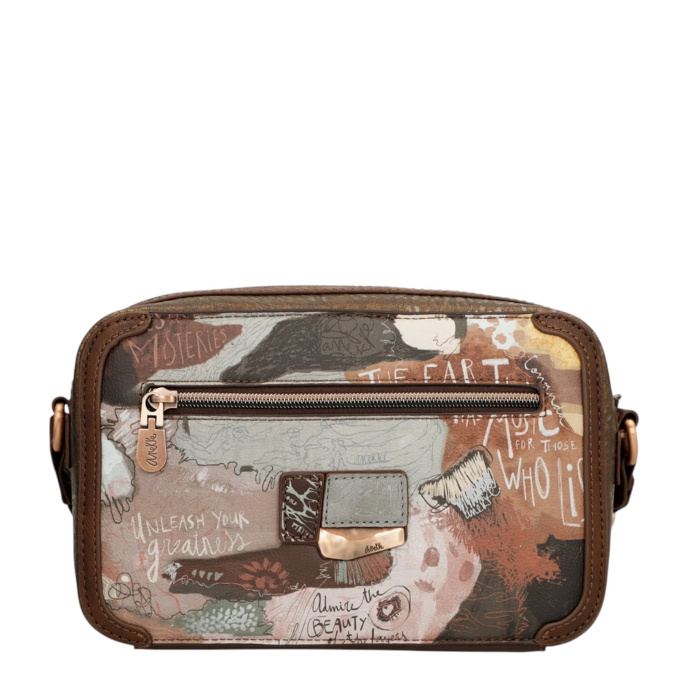 ada-shoes.ro Anekke brown faux leather casual crossbody bag with artistic graphic print and zipper closure