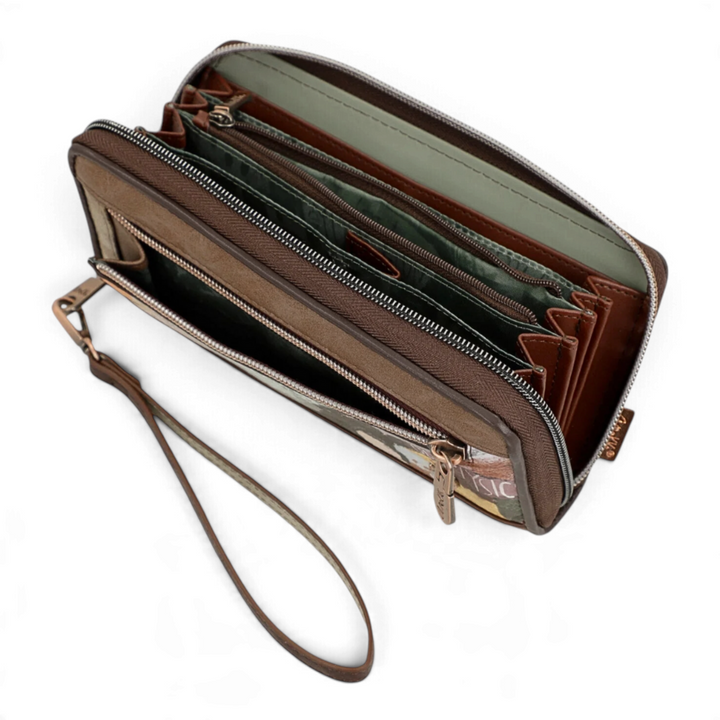ada-shoes.ro Anekke clutch wallet in brown faux leather with accordion opening, wrist strap, and zip closure