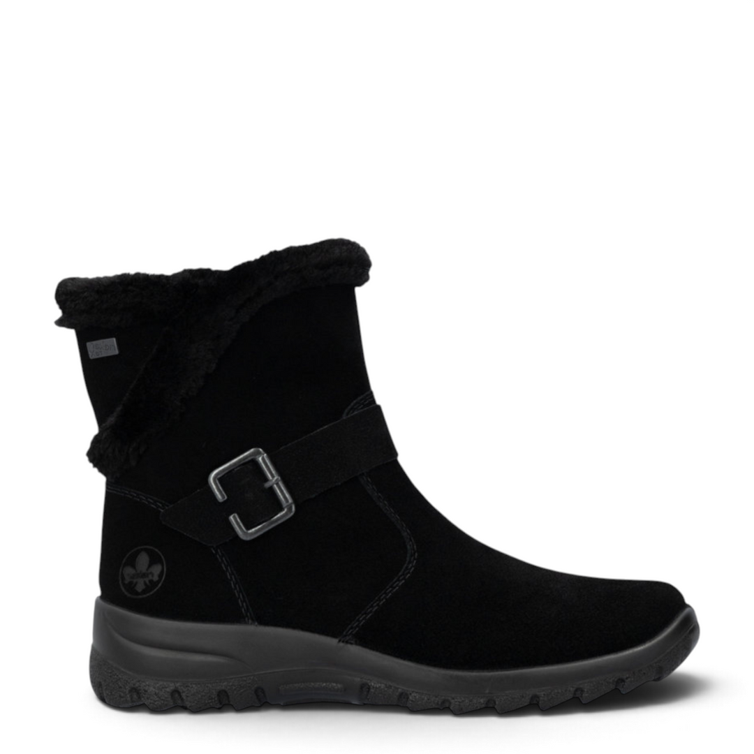 ada-shoes.ro black suede winter boots with faux fur collar, RiekerTEX membrane, and decorative metal buckle strap