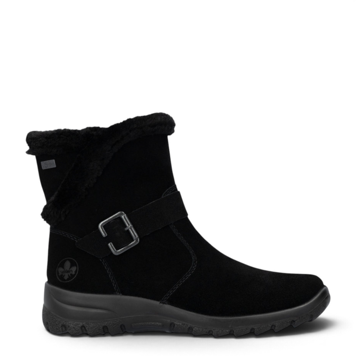 ada-shoes.ro black suede winter boots with faux fur collar, RiekerTEX membrane, and decorative metal buckle strap