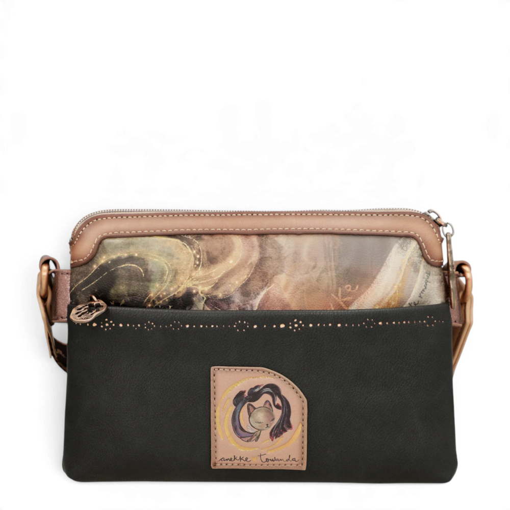 ada-shoes.ro Anekke Dreamverse crossbody bag in black and copper with artistic print and triple zip compartments