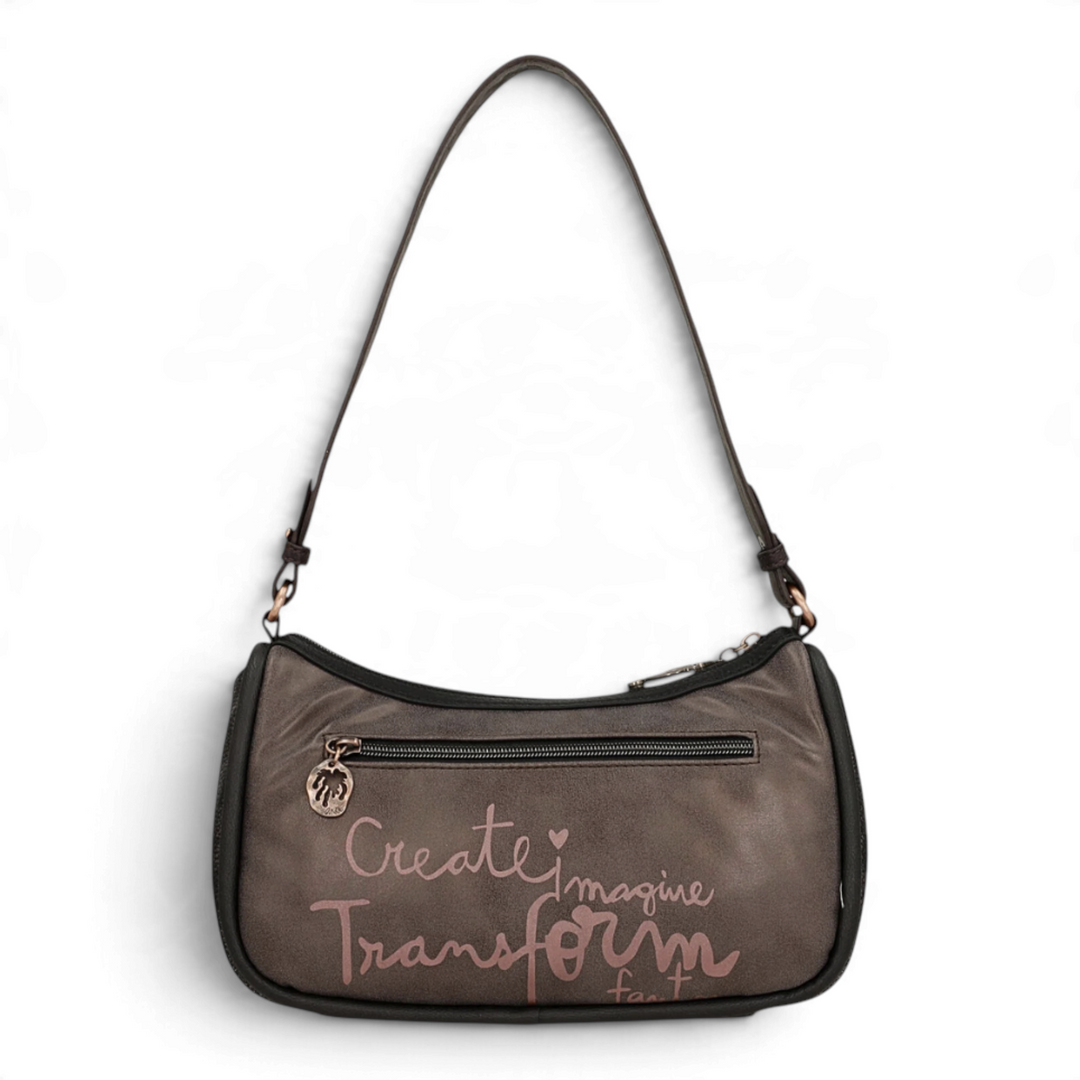 ada-shoes.ro Anekke Dreamverse hobo bag in metallic brown with Create Imagine Transform slogan and vintage charm