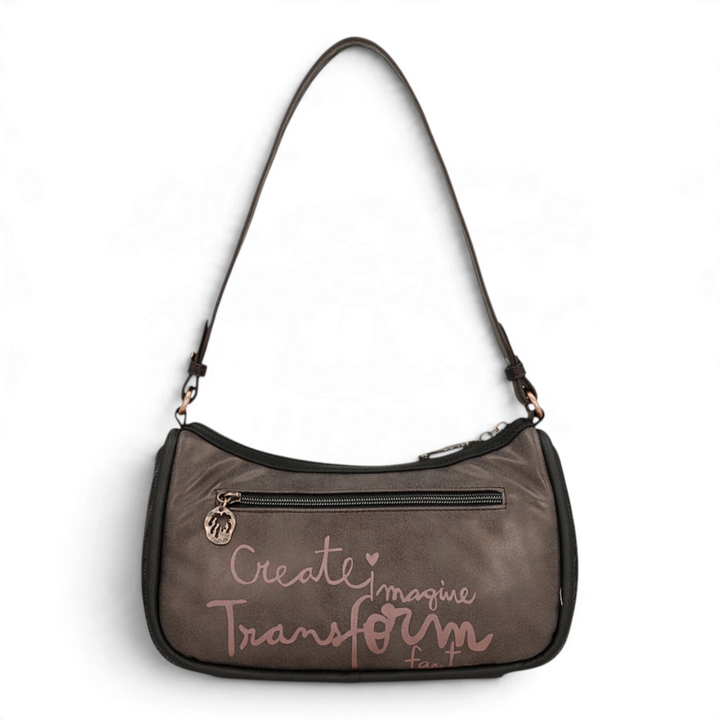ada-shoes.ro Anekke Dreamverse hobo bag in metallic brown with Create Imagine Transform slogan and vintage charm