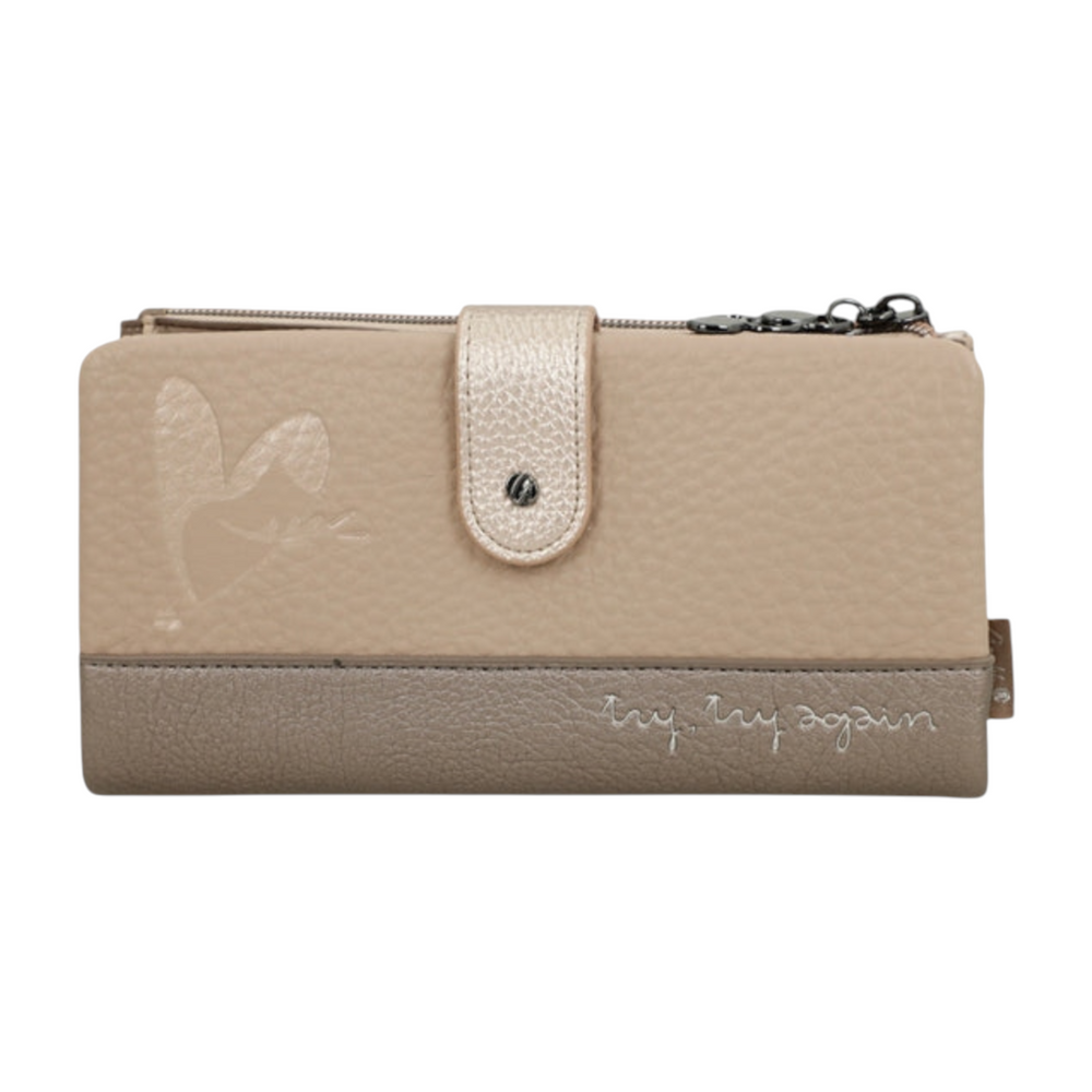 ada-shoes.ro Anekke beige faux leather wallet with snap closure, heart detail, and Try Try Again embroidery.
