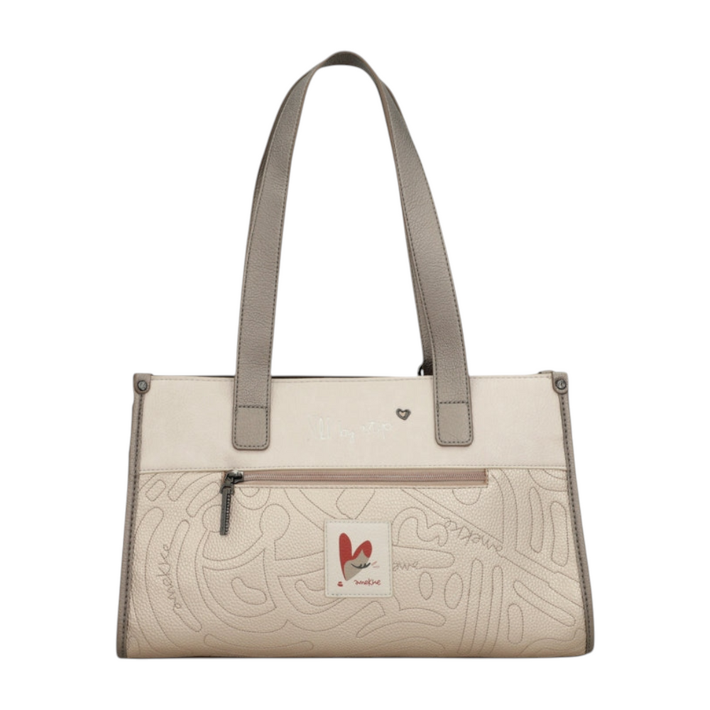 ada-shoes.ro Anekke beige faux leather handbag with embossed patterns, front zip pocket, and dual shoulder straps.