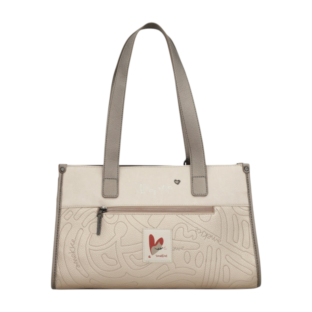 ada-shoes.ro Anekke beige faux leather handbag with embossed patterns, front zip pocket, and dual shoulder straps.