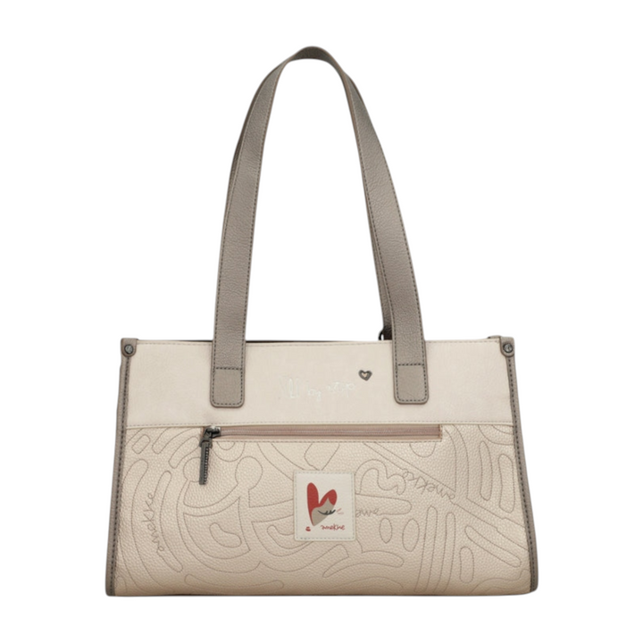 ada-shoes.ro Anekke beige faux leather handbag with embossed patterns, front zip pocket, and dual shoulder straps.