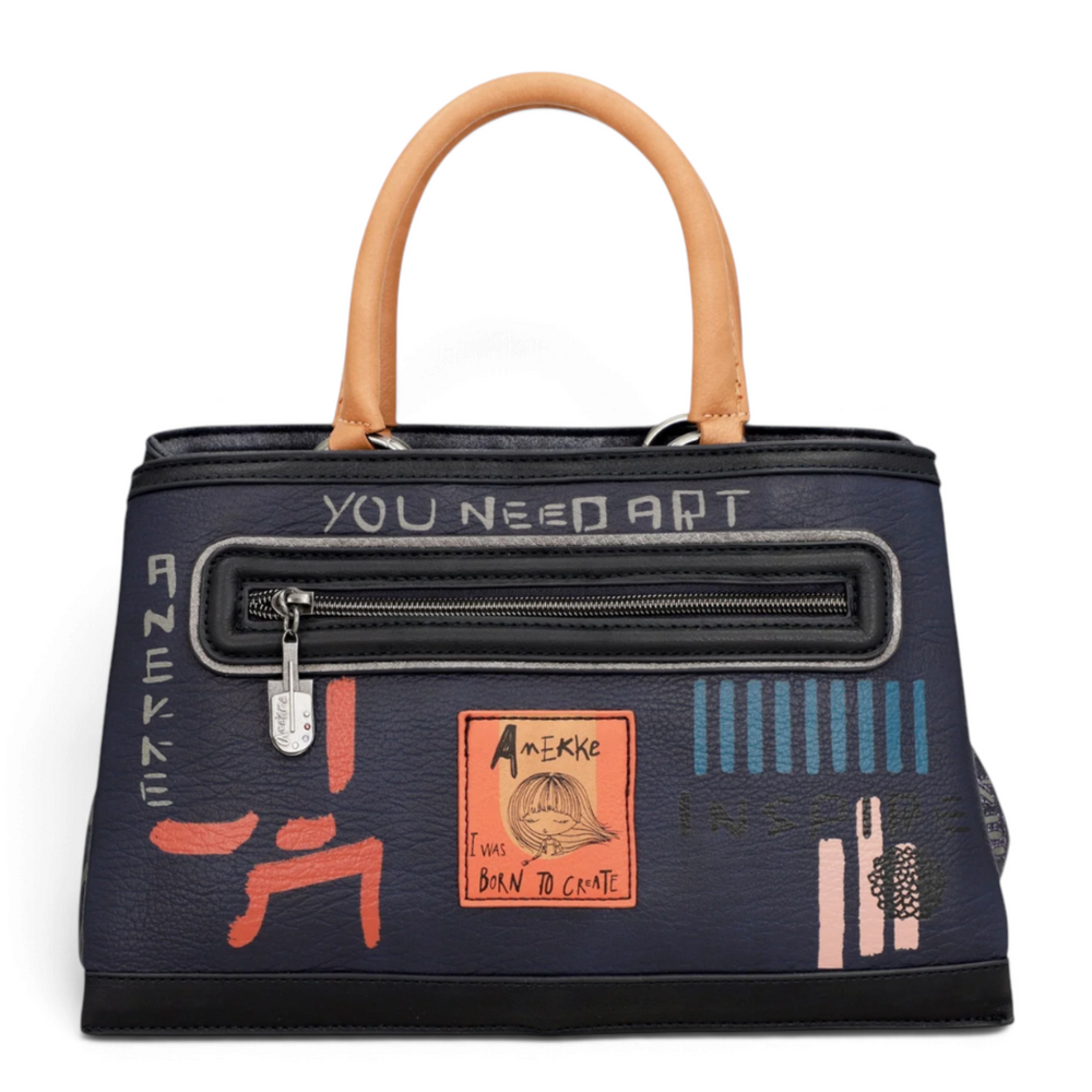 ada-shoes.ro Anekke Hollywood handbag in navy blue faux leather with camel handles and artistic graphic prints