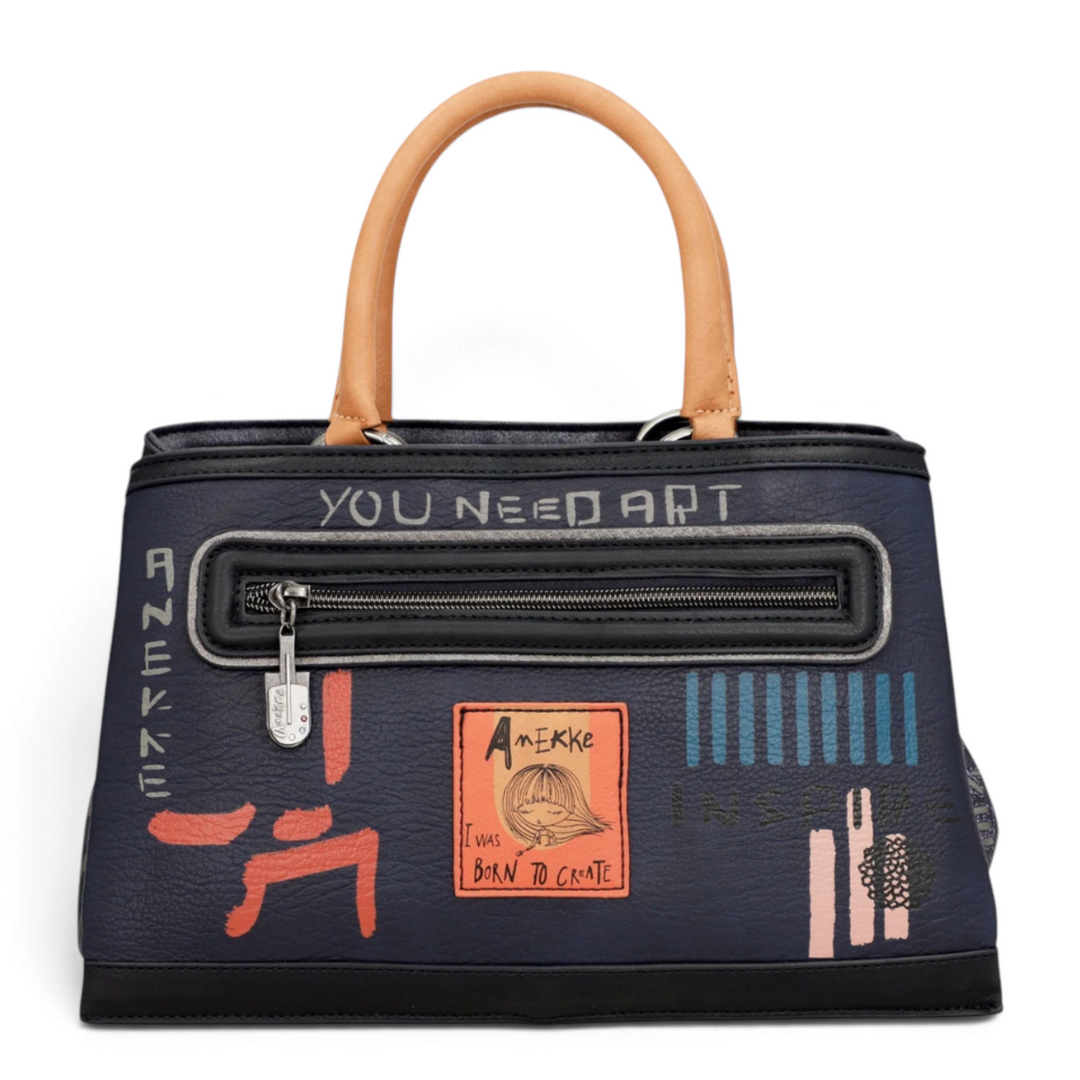ada-shoes.ro Anekke Hollywood handbag in navy blue faux leather with camel handles and artistic graphic prints