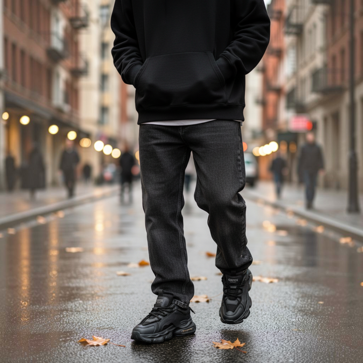 ada-shoes.ro Gryxx Sneakers F7801-G in black, worn by a person in dark jeans and a hoodie on a city street