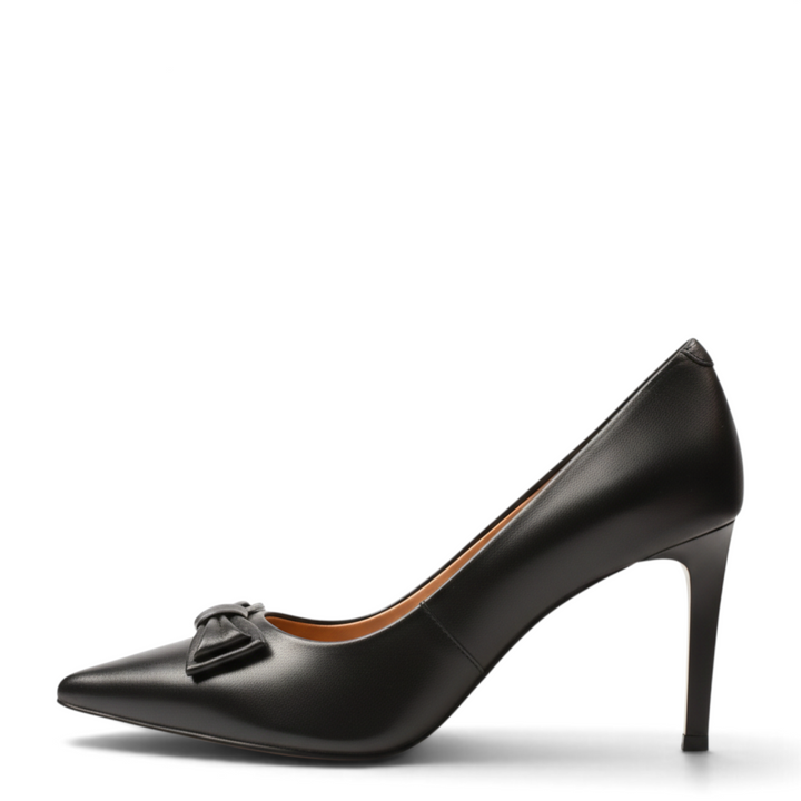 ada-shoes.ro Epica black leather stiletto pumps with a pointed toe and decorative bow detail for elegant events