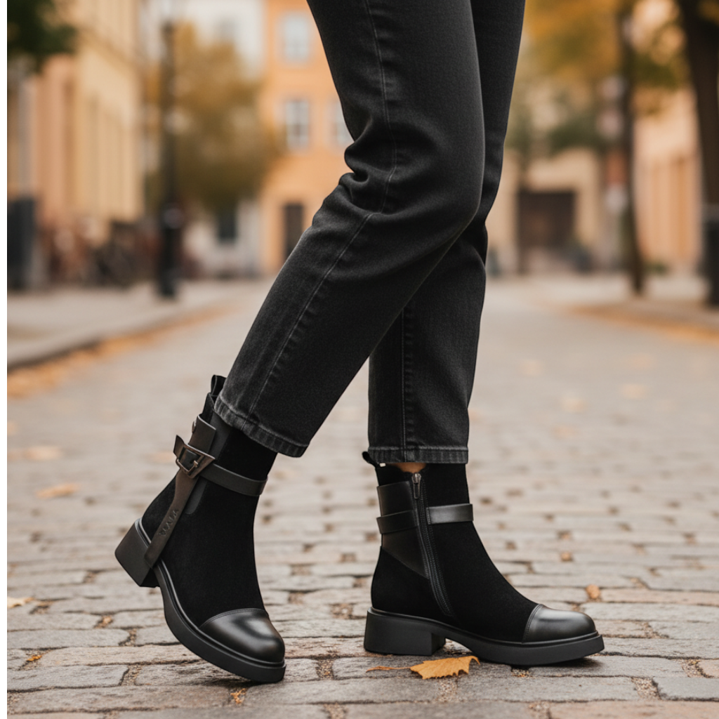 ada-shoes.ro Epica black suede and leather biker boots with geometric buckle and thick sole worn on a cobblestone street