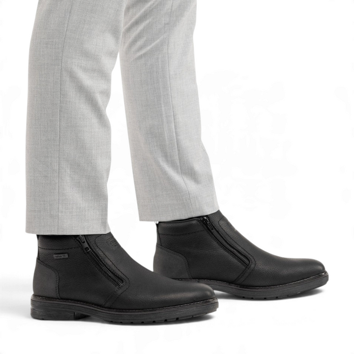 ada-shoes.ro Rieker black leather ankle boots with riekerTEX waterproof membrane and dual side zippers on a man
