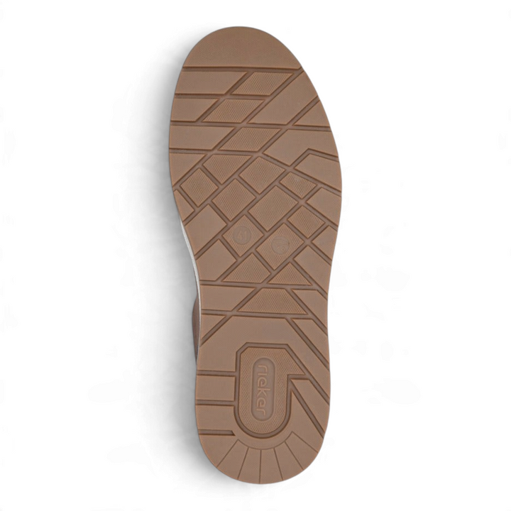 Brown rubber outsole of a Rieker casual shoe from ada-shoes.ro, featuring a textured tread pattern for grip.