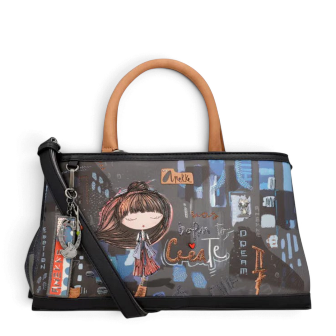ada-shoes.ro Anekke Hollywood handbag in blue and grey faux leather with camel handles and artistic graphic print