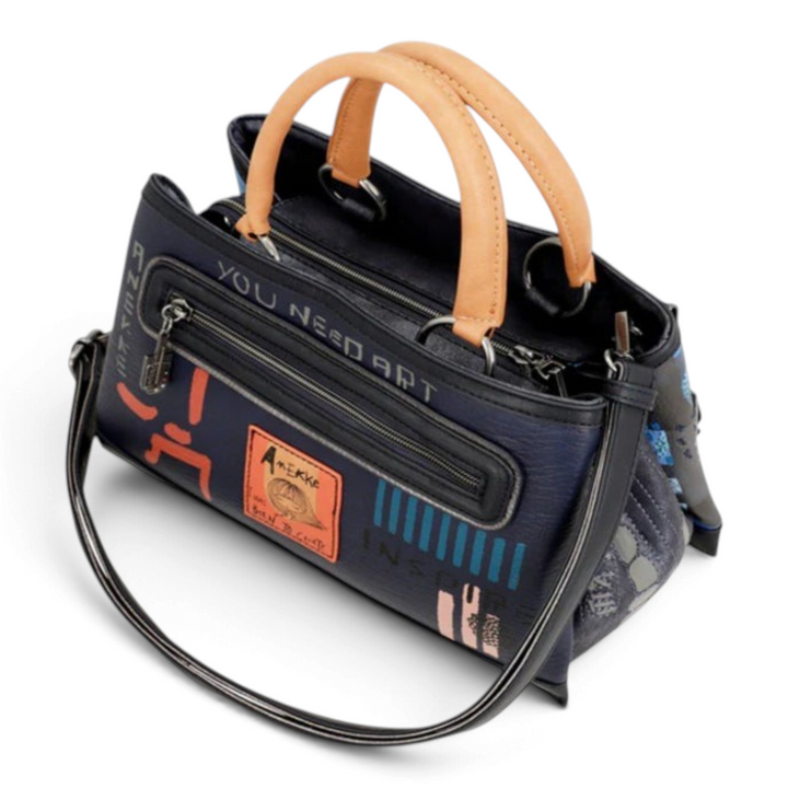 ada-shoes.ro Anekke Hollywood handbag in navy blue faux leather with camel handles and artistic graphic details