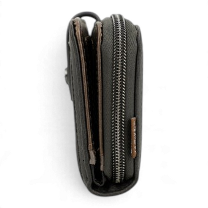 ada-shoes.ro Anekke casual wallet in brown and grey faux leather, side view showing dual zipper and snap closure
