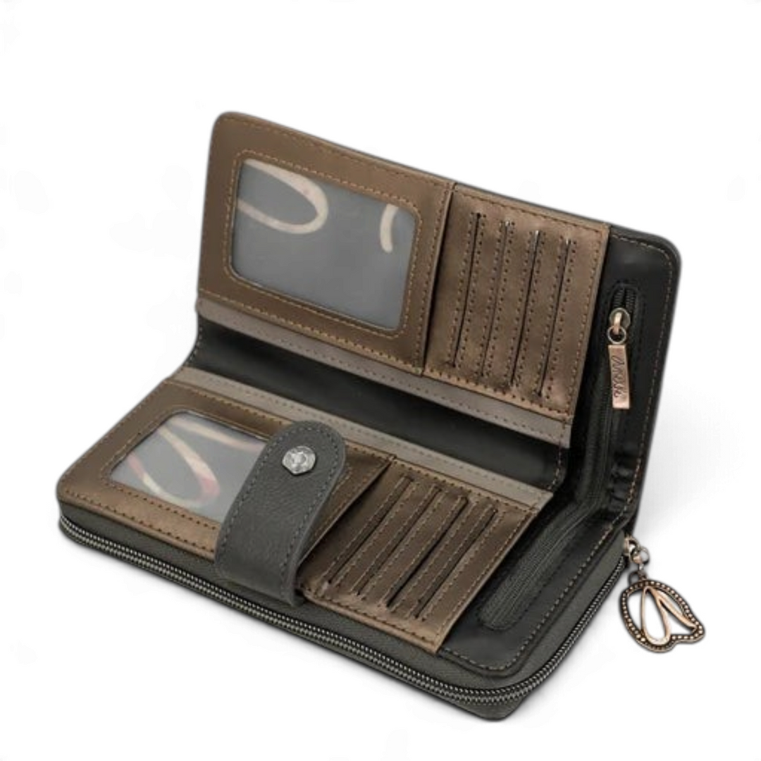 ada-shoes.ro Anekke casual wallet in brown and grey faux leather with card slots, coin zipper, and snap closure