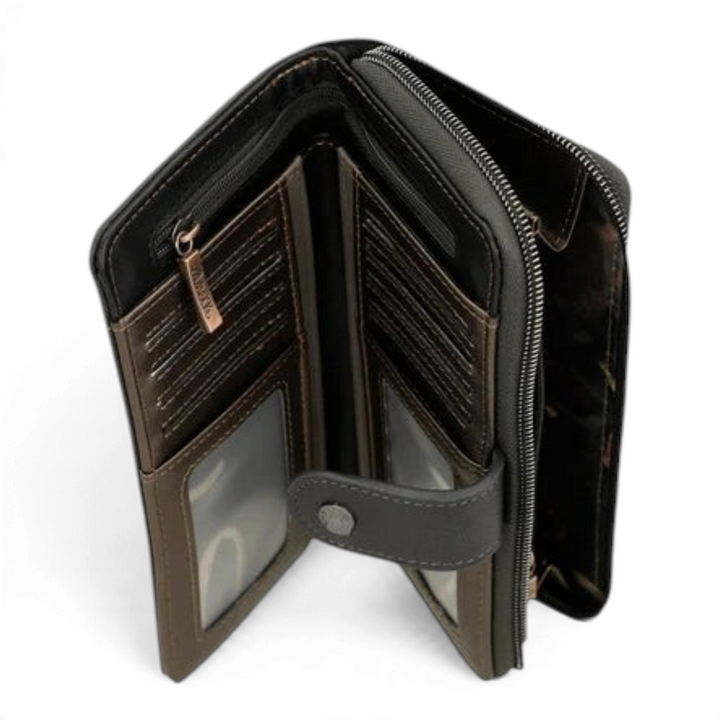 Open Anekke casual wallet in brown and grey faux leather with card slots, coin compartment, and snap button closure.