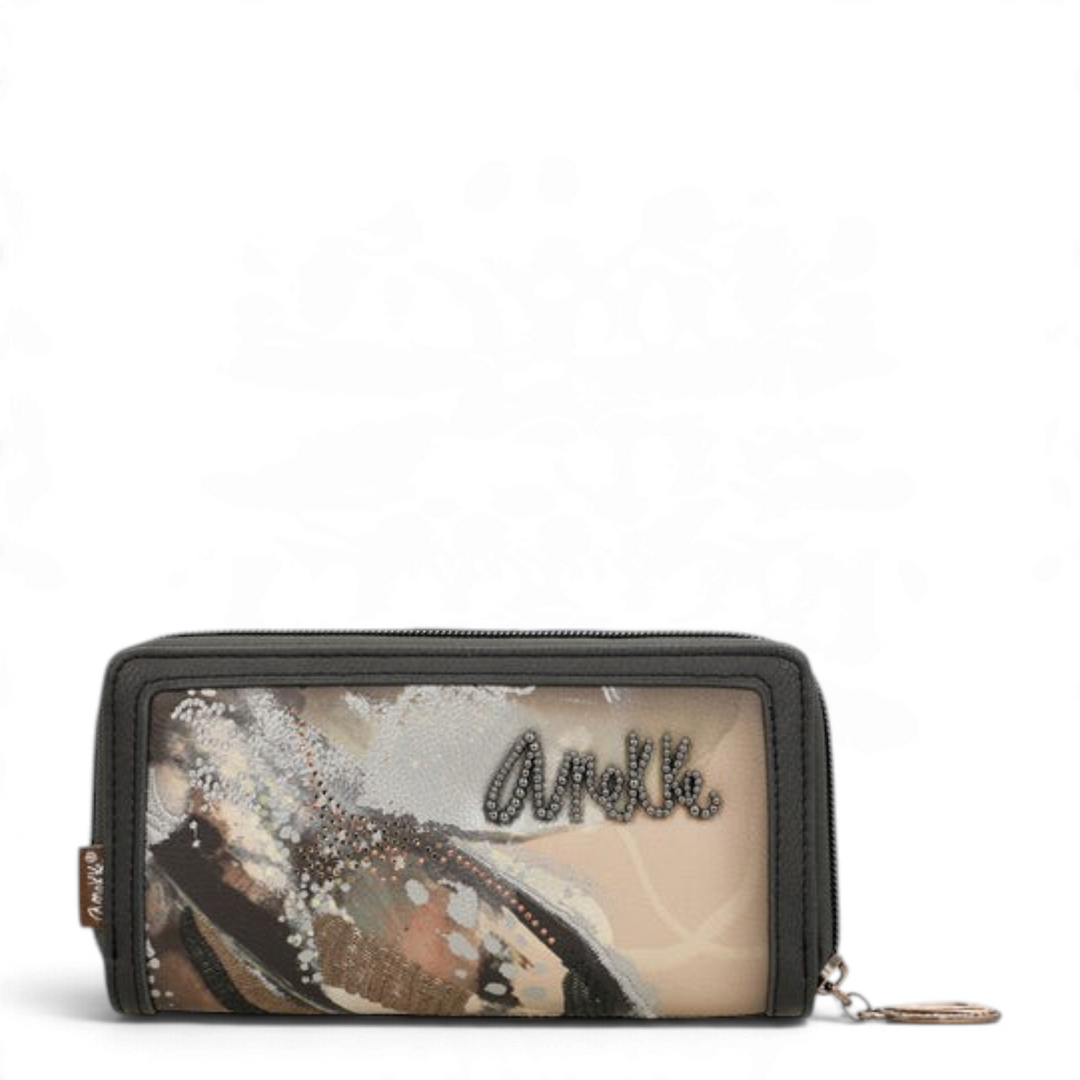 ada-shoes.ro Anekke casual wallet in brown, cream, and grey faux leather with artistic prints and metallic logo detail.