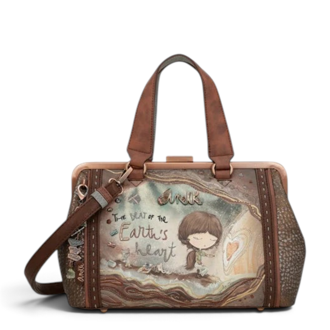 ada-shoes.ro Anekke vintage brown faux leather handbag with kiss lock closure, artistic print, and shoulder strap.