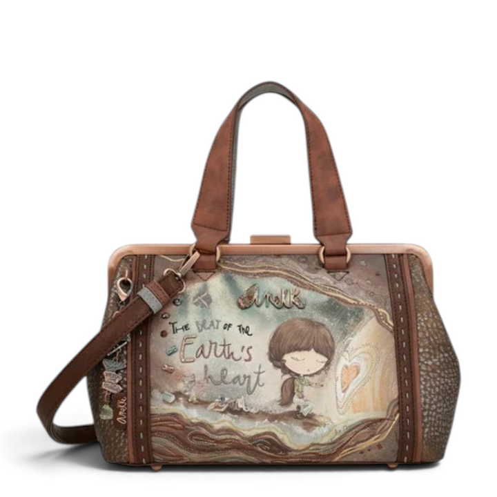 ada-shoes.ro Anekke vintage brown faux leather handbag with kiss lock closure, artistic print, and shoulder strap.