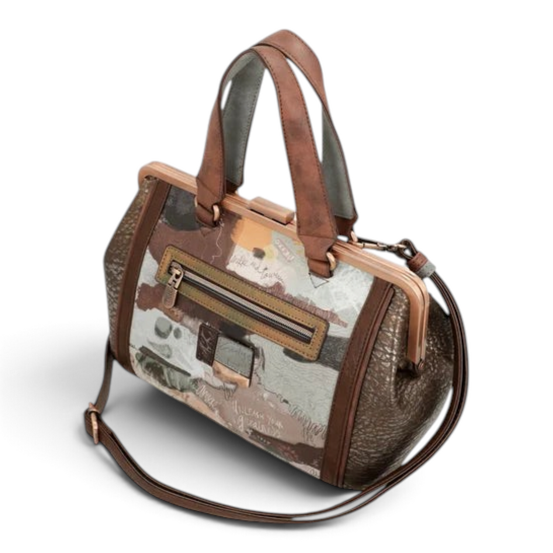 ada-shoes.ro Anekke vintage brown faux leather handbag with kiss lock closure, decorative embroidery, and shoulder strap