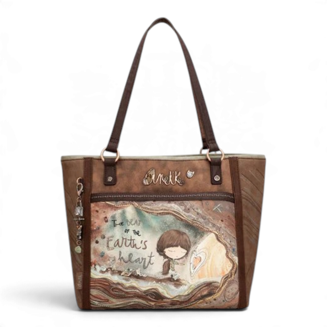ada-shoes.ro Anekke shopper bag in brown and terracotta tones with geological embroidery and thematic mineral charm