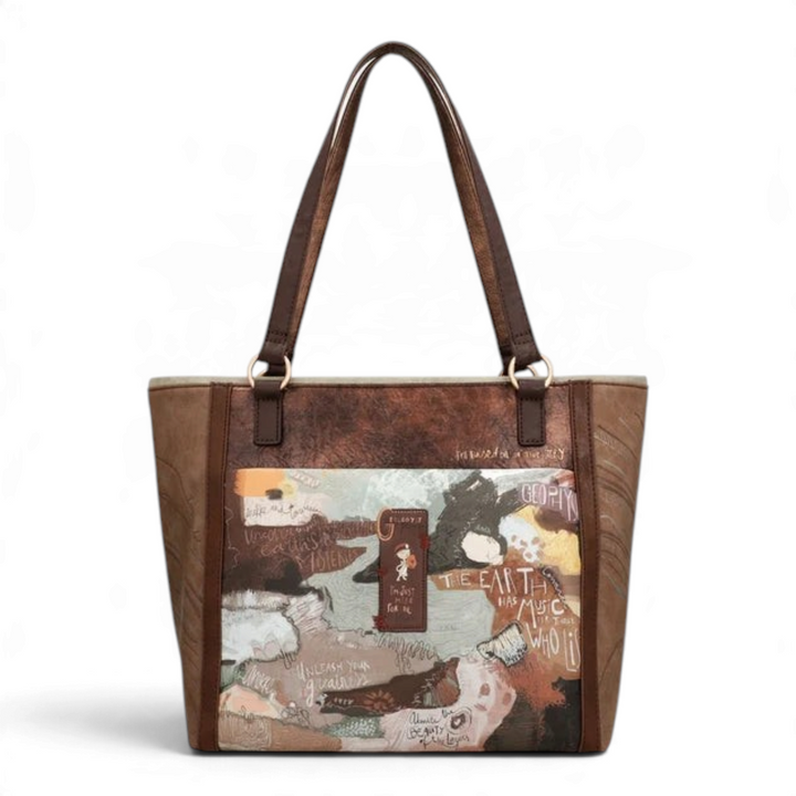 ada-shoes.ro Anekke shopper bag in brown and terracotta tones with geological embroidery and inspirational quotes