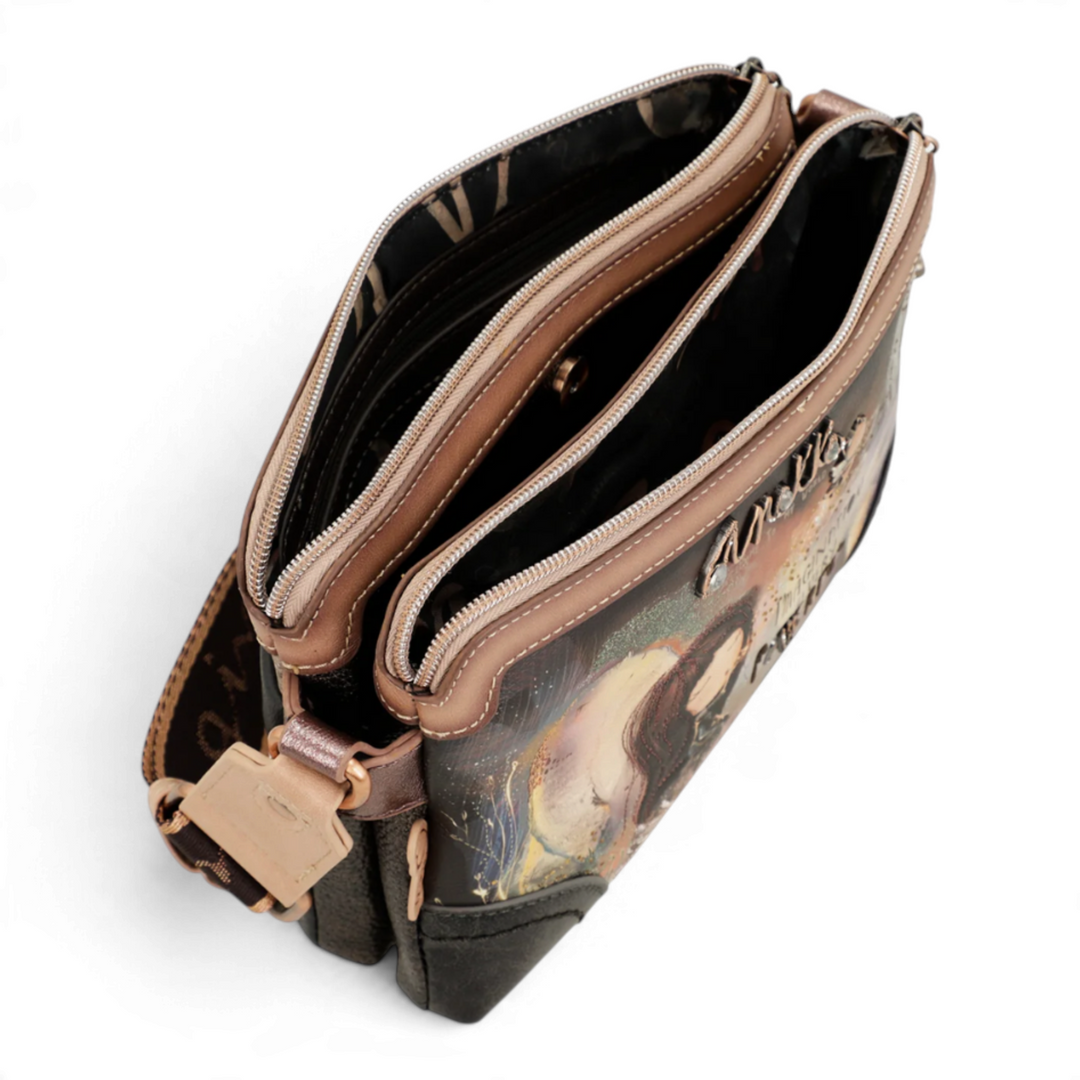 ada-shoes.ro Anekke Dreamverse crossbody bag with three zippered compartments and artistic print in warm earth tones