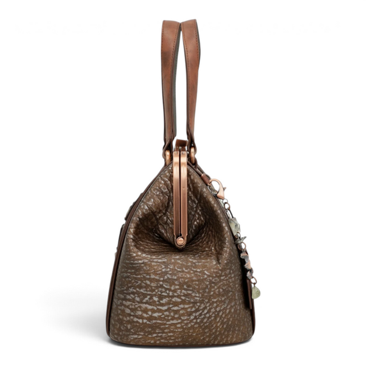 ada-shoes.ro Anekke vintage brown faux leather handbag with kiss lock frame and decorative side charm, side view